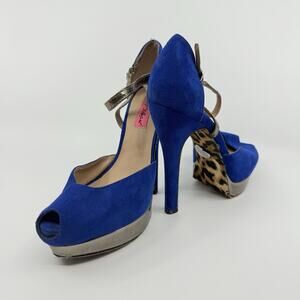 Betsey Johnson Sabine Blue Suede Heels Leopard Sole Size 7.5 Peep Toe Platform